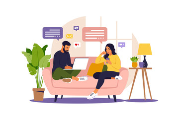 Women and man sitting in a sofa and working online at home. Freelance, online education or social media concept. Vector illustration isolated on white. Flat style.