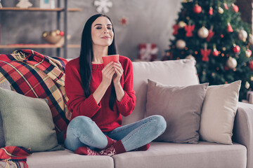 Obraz premium Photo of young cute lady sit couch hold cup eyes closed sniff smell wear red sweater jeans socks in decorated living room home indoors