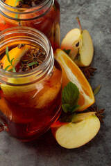 mulled wine with fruit top view close up.