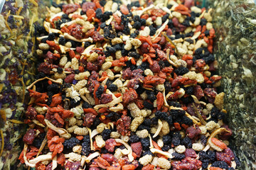 Retail display shelf of colorful fried flower leaves