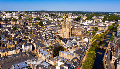 Aerial view of Quimper town and gothic Cathedral of Saint Corentin, France