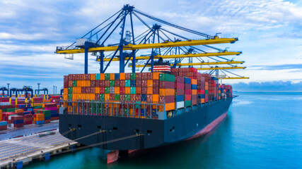 Aerial view port shipping, Container ship port with crane port, Container ship carrying container...