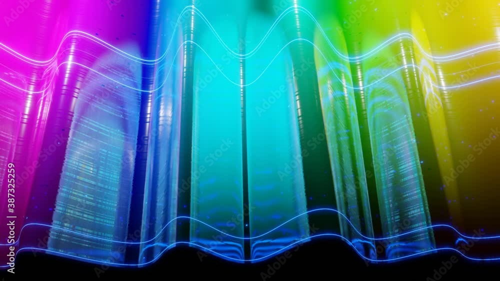 Poster abstract 3d surface with beautiful waves, luminous sparkles and bright color gradient, colors of rai
