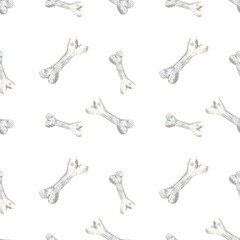 Watercolor seamless pattern with bones on white background.
