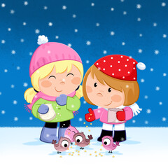 Christmas time - Happy Holidays - Cute little girls feeding birds.