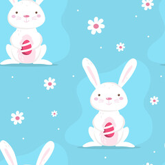 Seamless pattern with bunnies and spring decorative elements. Cute cartoon design template. Happy Easter background