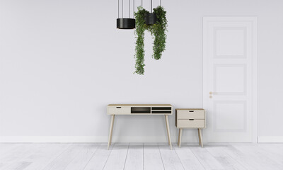 Modern workspace with desk and lamp in minimalistic interior