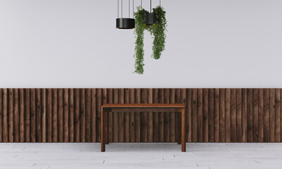 Modern workspace with desk and lamp in minimalistic interior