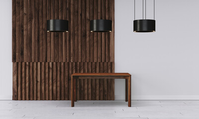 Obraz na płótnie Canvas Modern workspace with desk and lamp in minimalistic interior
