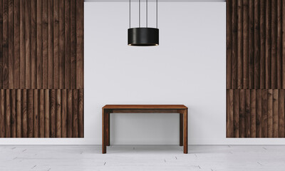 Fototapeta na wymiar Modern workspace with desk and lamp in minimalistic interior