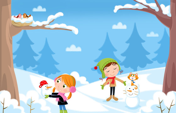 Happy kids and winter holidays - Time for snowy fun