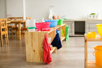 Children's montessori center, equipment and toys in the montessori center, wooden toys and...