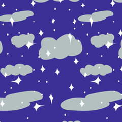 Fototapeta premium Pattern with doodle white stars and grey clouds on the violet background for web design, textile and wrapping. Vector hand drawn background