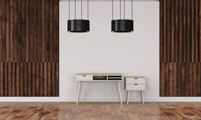 Modern workspace with desk and lamp in minimalistic interior