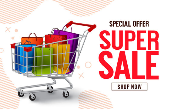 Super Sale Vector Banner Design. Special Offer Sale Text With Paper Bags And Push Cart Shopping Elements In Abstract Background For Marketing Promo Discount Advertisement. Vector Illustration.
