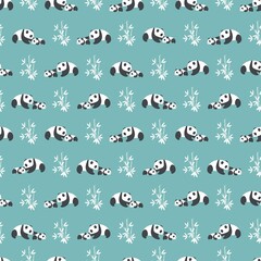 Panda Family in Forest Vector Illustration Seamless Pattern