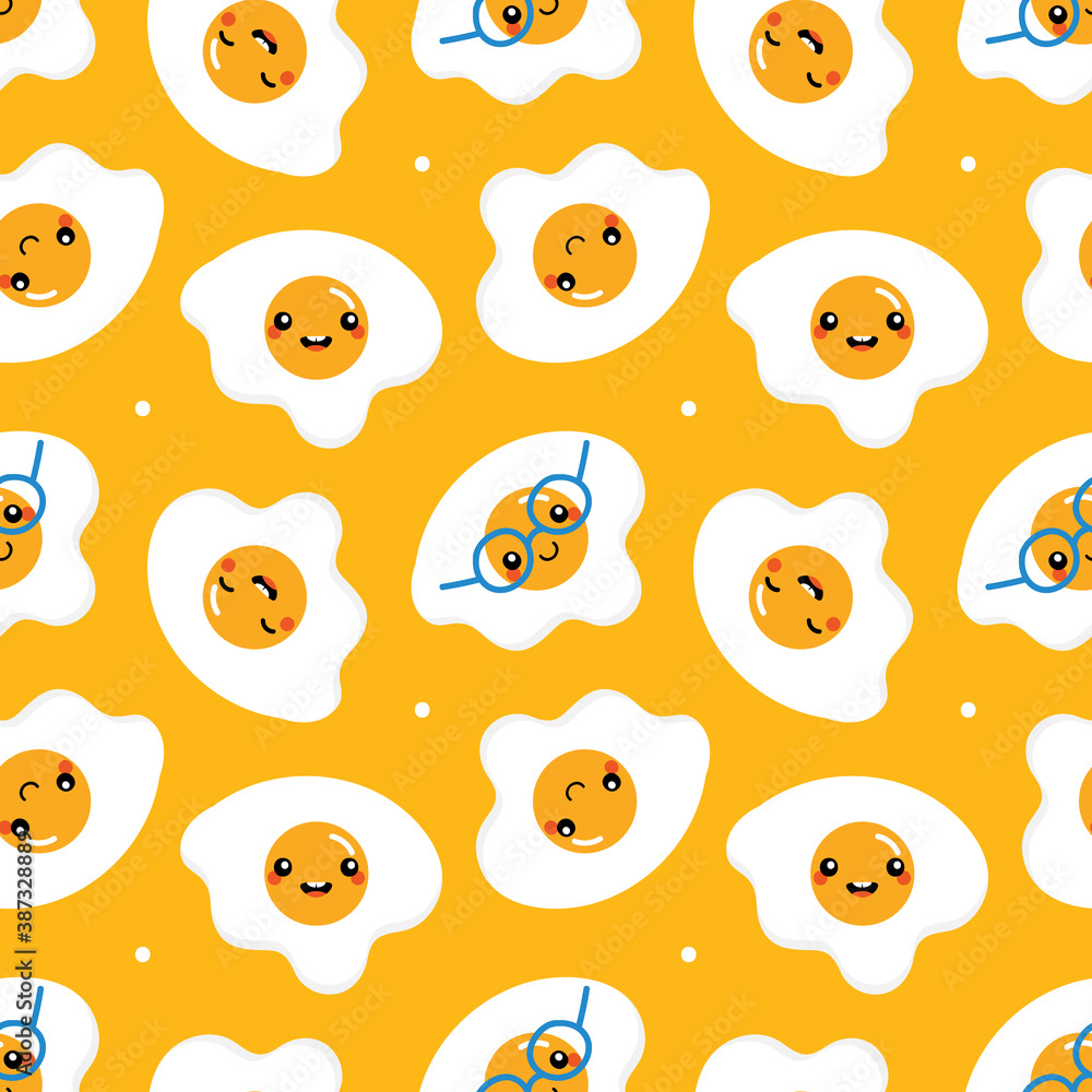 Wall mural cute vector seamless pattern background with cartoon style fried eggs characters and dots for breakf