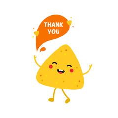 Cute cartoon style nachos chip character happy and smiling, saying thank you.