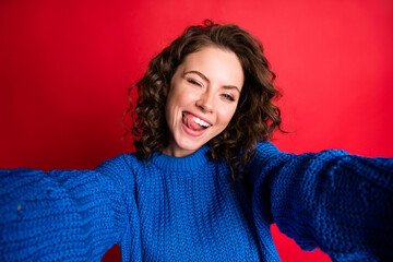 Closeup photo of cute pretty lady curly hairdo take selfie having fun tongue-out blink eye lick...