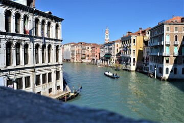 Venedig (Venice) City views during sunny day. Magnificent city of gondolas, ancient houses, old bridges, green water and channels, birds, seagulls. All these are in Venice, Italy.