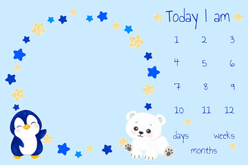 design for baby blanket milestone, stars and cute little animals, baby animals, bear, penguin