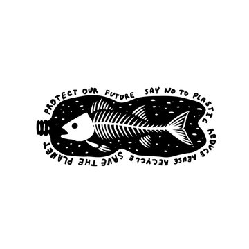The mountains and the ocean with the fish in a plastic bottle. Save the planet slogan. Black and white design.