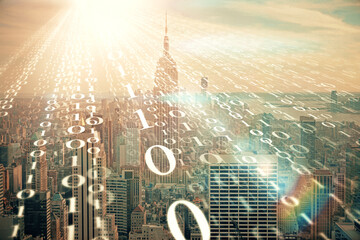 Data theme hologram drawing on city view with skyscrapers background double exposure. Technology...