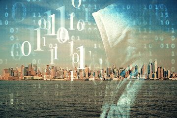 Data theme hologram drawing on city view with skyscrapers background double exposure. Technology concept.