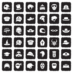 Hats And Masks Icons . Grunge Black Flat Design. Vector Illustration.