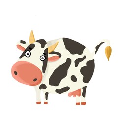 Cute cow on an isolated white background. Cow in cartoon style. Children's digital illustration. Farm animal, stock illustration.