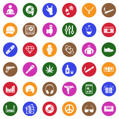 Hip Hop Icons. White Flat Design In Circle. Vector Illustration.