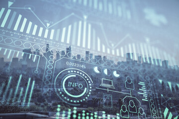 Double exposure of technology theme hologram and cityscape background. Concept of Hightech.