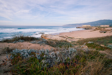 Beautiful view of ocean beach Praia da Cresmina, Portugal.