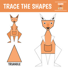 Learn shapes and geometric figures - triangle. Preschool worksheet for practicing motor skills. kangaroo of geometric shapes. Tracing dashed lines. Vector illustration