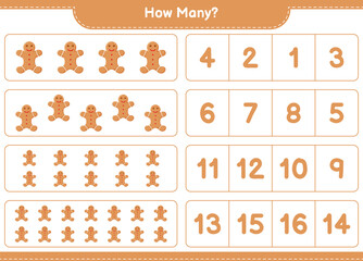Obraz premium Counting game, how many Gingerbread Man. Educational children game, printable worksheet, vector illustration