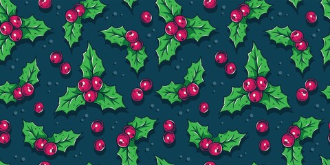 Colored seamless pattern wallpaper with decorative christmas holly for the new year holiday. Winter vector illustration for december party design