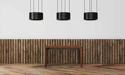 Modern workspace with desk and lamp in minimalistic interior