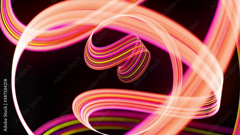 Poster Light flow bg in 4k. Abstract looped background with light trails, stream of green red yellow neon lines in space move to form spiral shapes. Modern trendy motion design background light effect