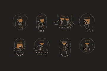 Vector design linear template logos or emblems - hands in in different gestures glass of drink. Abstract symbol for cafe or bar.