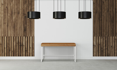 Modern workspace with desk and lamp in minimalistic interior