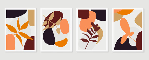 Botanical wall art vector set. Earth tone boho foliage line art drawing with  abstract shape.  Abstract Plant Art design for print, cover, wallpaper, Minimal and  natural wall art.