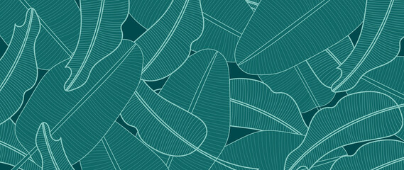 Tropical leaf Wallpaper, Luxury nature leaves pattern design, Golden banana leaf line arts, Hand drawn outline design for fabric , print, cover, banner and invitation, Vector illustration..