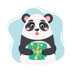 Cute panda holding a gift. Cartoon vector illustration