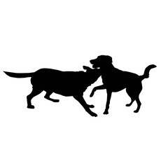 two dogs playing and fighting from side, silhouette, vector