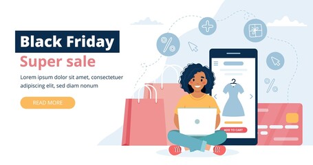 Black friday banner with woman holding a laptop. Vector illustration template