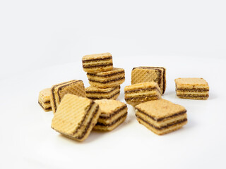 Crispy chocolate wafer flavor, square wafer biscuits on white