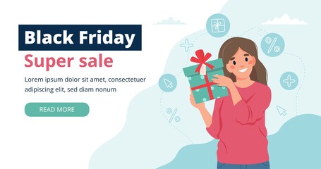Black friday banner with woman holding a gift box. Vector illustration template