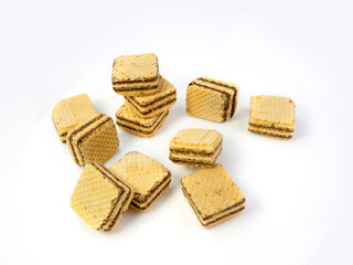 Crispy chocolate wafer flavor, square wafer biscuits on white