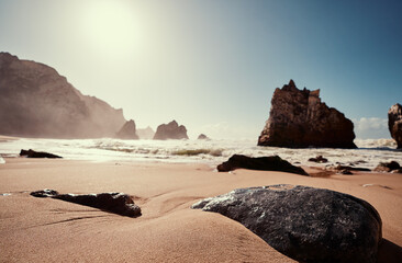 Atlantic ocean beach on the rock coast. Portugal.