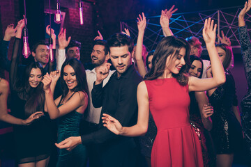 Photo portrait of nice couple dancing together at nightclub flirting fall in love wearing formal...